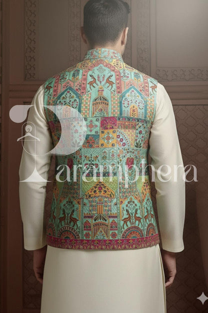Pastel Printed Nehru Jacket: Bespoke Indian Wedding Waistcoat