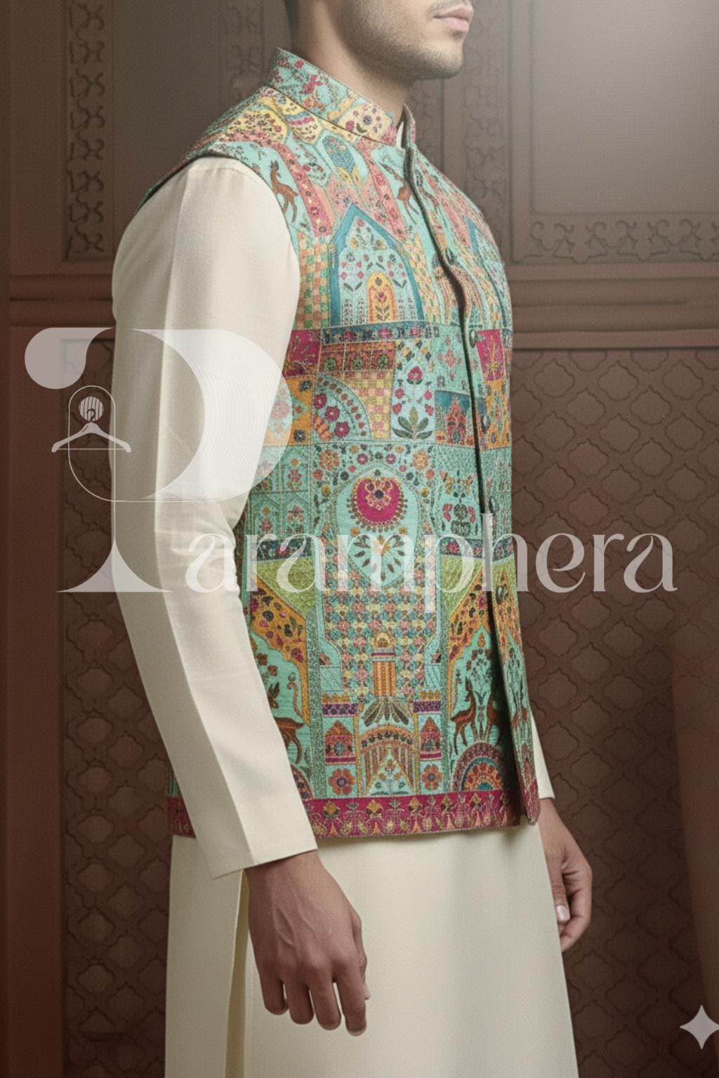 Pastel Printed Nehru Jacket: Bespoke Indian Wedding Waistcoat