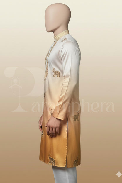 Gold Silk Kurta: Elephant Embroidery, Luxury Wedding Outfit
