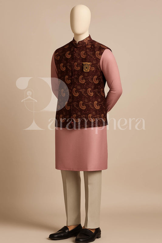 Men's Kurta Pajama with Paisley Nehru Jacket: Indo Western Wedding Outfit