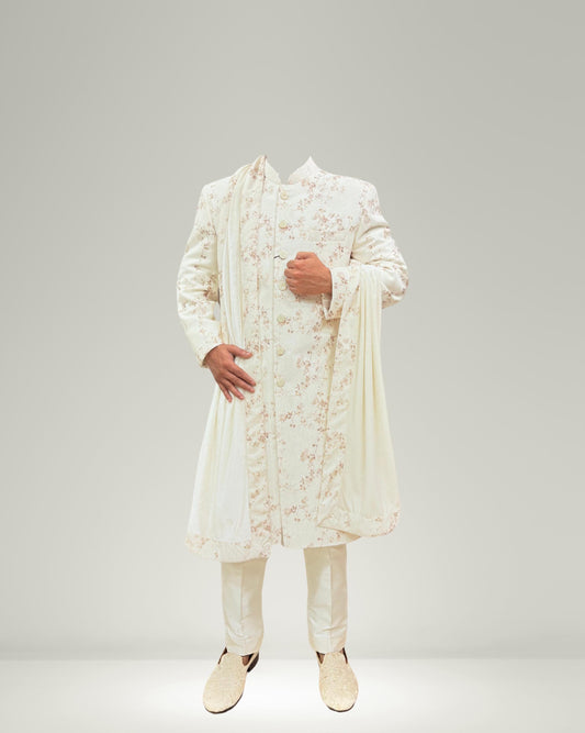 Ivory Floral Sherwani Set for Groom Nehru Collar, Stole & Churidar Made-to-Measure | Ships Worldwide