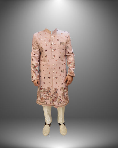 Pastel Pink Velvet Sherwani Set: Embroidered Indian Wedding Outfit