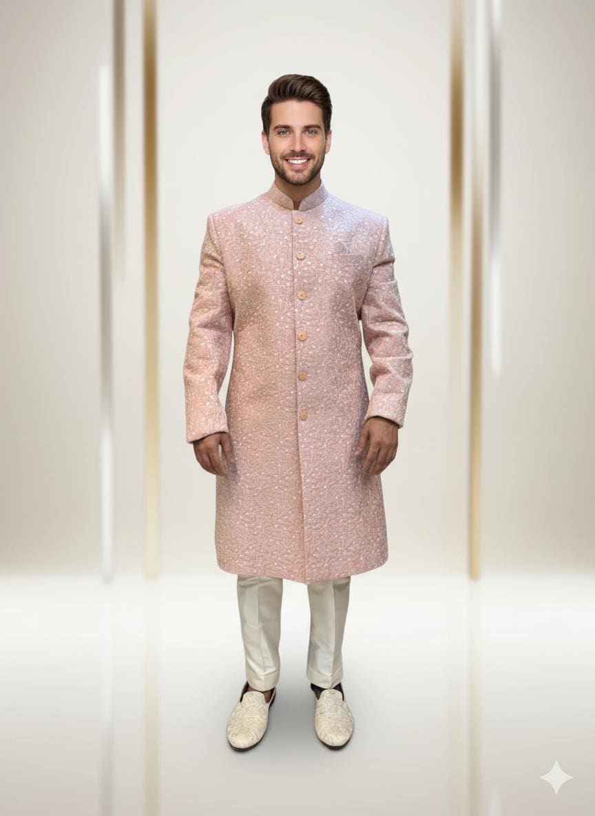 Pastel Pink Sherwani for Groom  Handmade Embroidered Indo-Western Wedding Outfit | Custom Fit, Made-to-Order