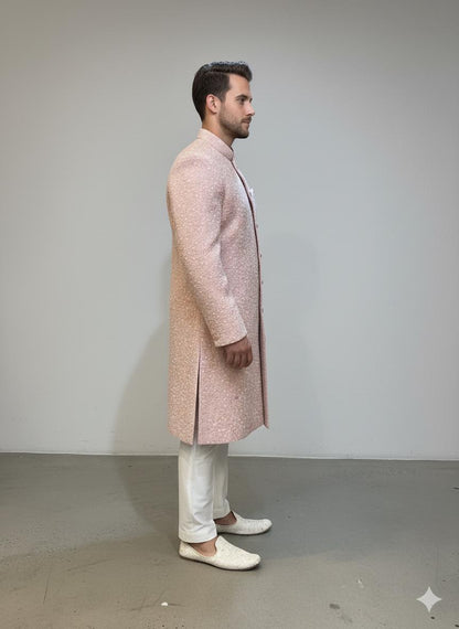 Pastel Pink Sherwani for Groom  Handmade Embroidered Indo-Western Wedding Outfit | Custom Fit, Made-to-Order