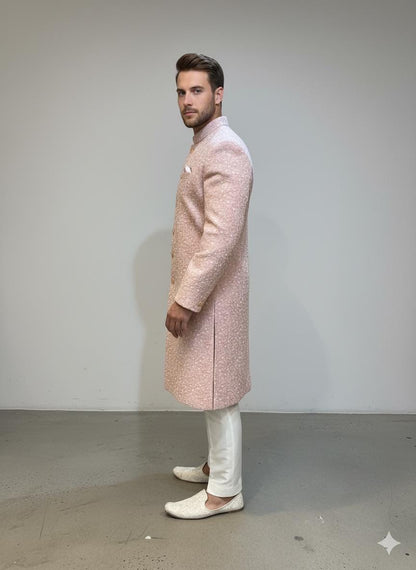 Pastel Pink Sherwani for Groom  Handmade Embroidered Indo-Western Wedding Outfit | Custom Fit, Made-to-Order