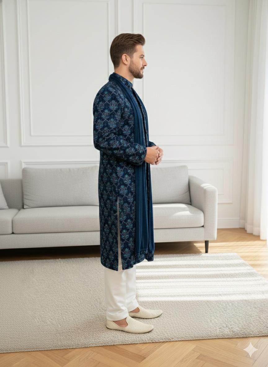 Rama Green Velvet Sherwani Set: Embroidered Indian Wedding Outfit