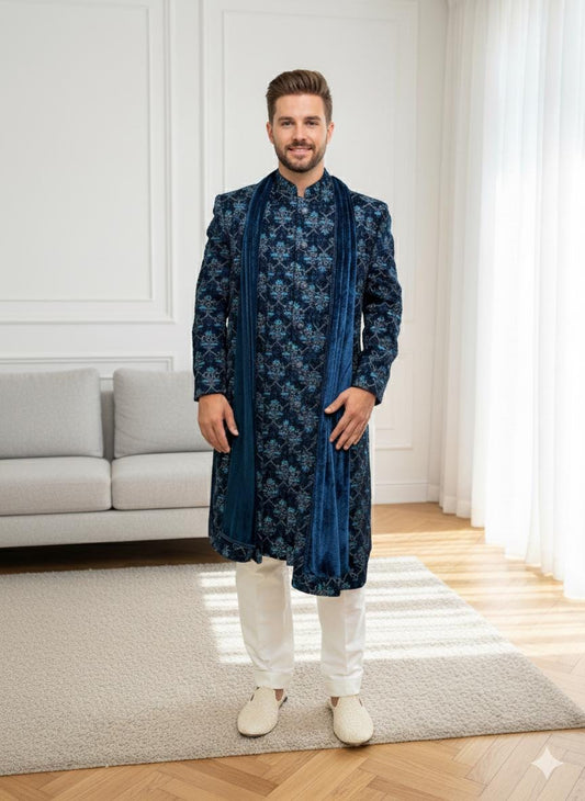 Rama Green Velvet Sherwani Set: Embroidered Indian Wedding Outfit