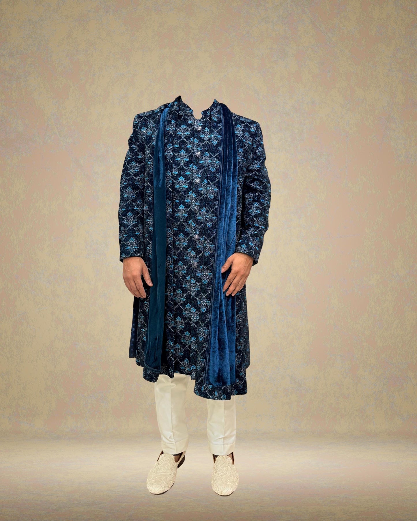 Rama Green Velvet Sherwani Set: Embroidered Indian Wedding Outfit