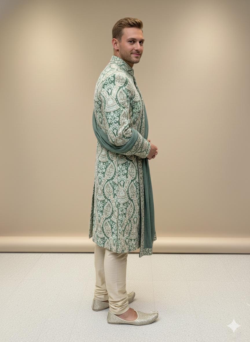 Embroidered Green Silk Blend Sherwani Set: Indian Wedding Outfit