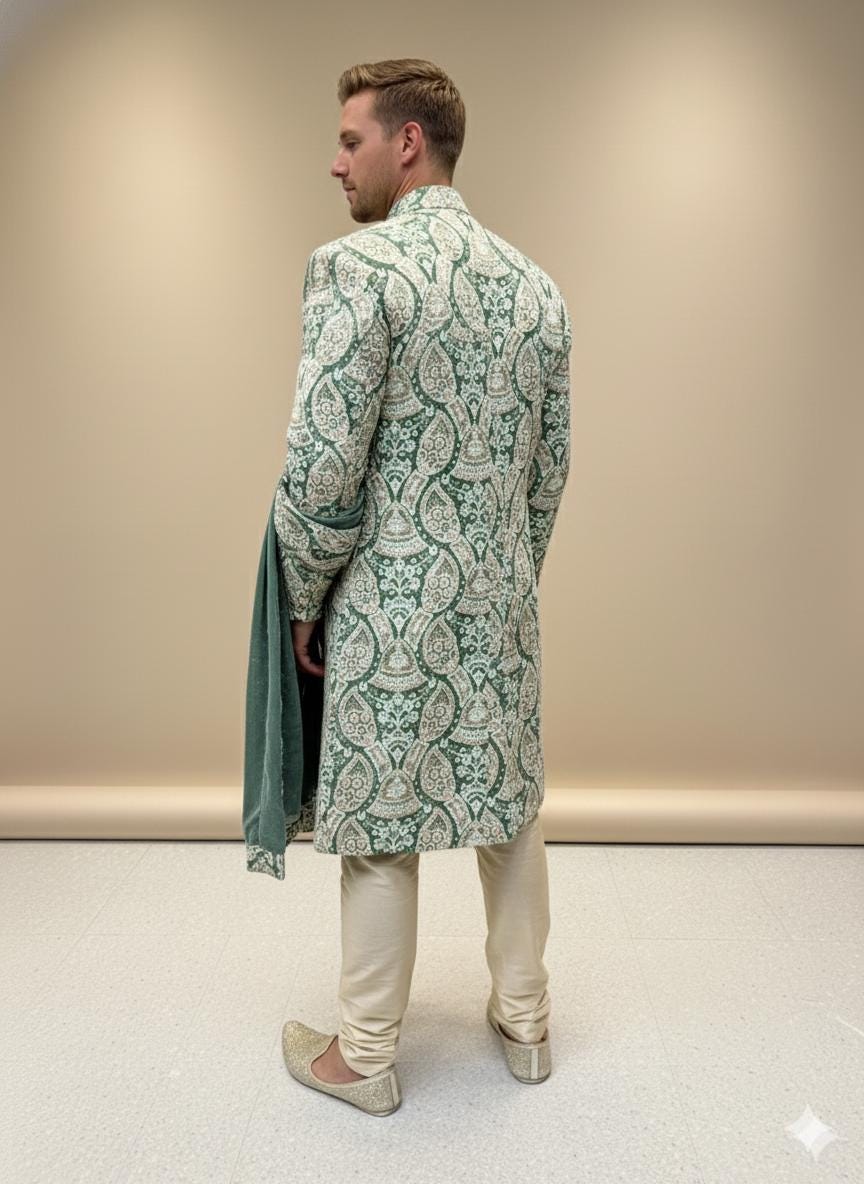 Embroidered Green Silk Blend Sherwani Set: Indian Wedding Outfit