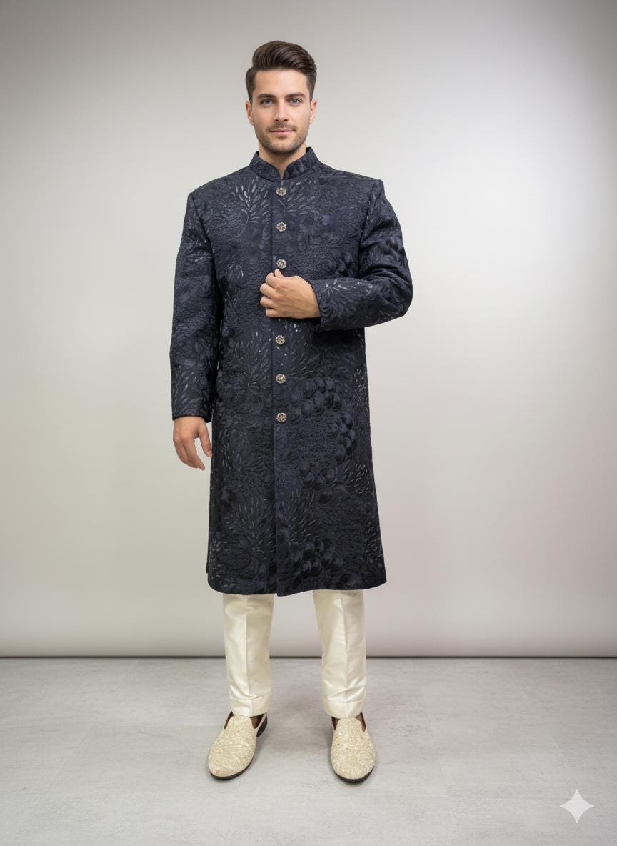 Mens Dark Blue Jacquard Sherwani: Luxury Indo Western Wedding Outfit