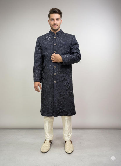 Mens Dark Blue Jacquard Sherwani: Luxury Indo Western Wedding Outfit