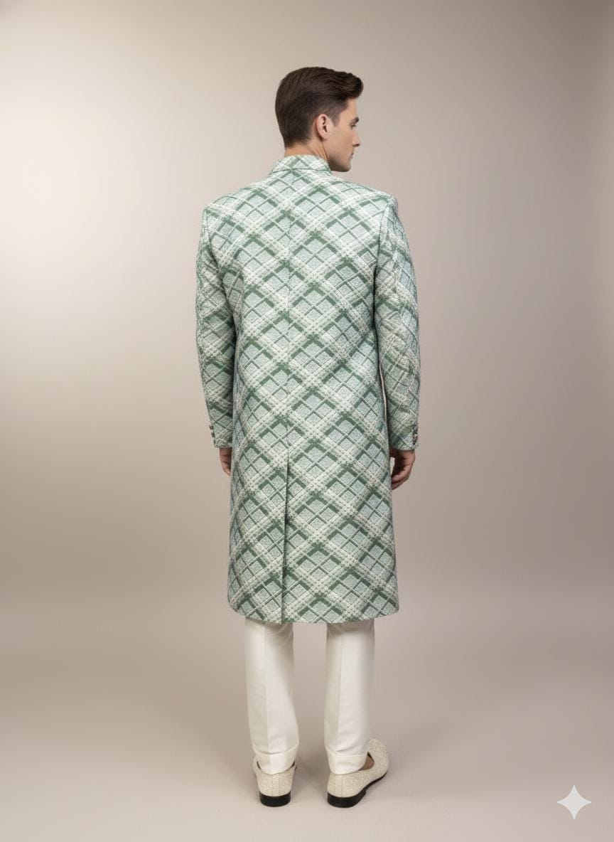 Green Check Silk Blend Sherwani Set: Indo Western Wedding Outfit