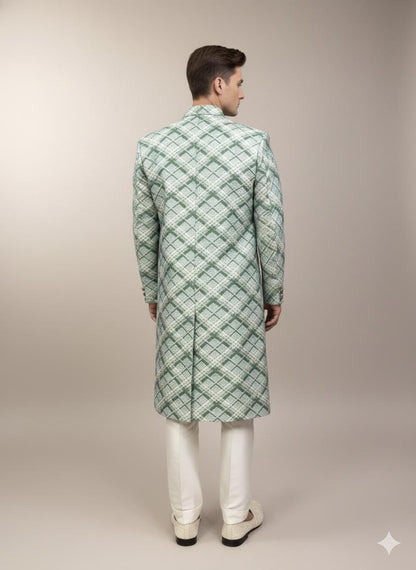 Green Check Silk Blend Sherwani Set: Indo Western Wedding Outfit