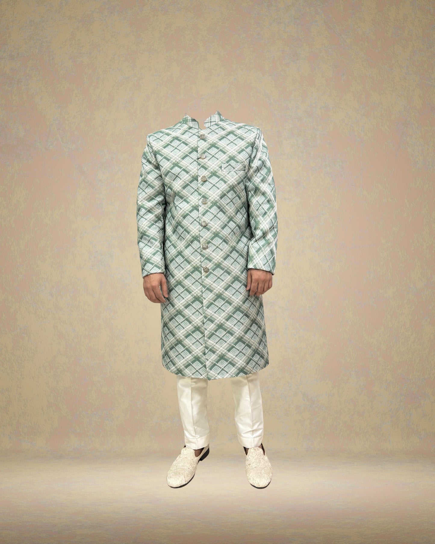 Green Check Silk Blend Sherwani Set: Indo Western Wedding Outfit
