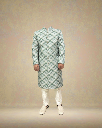 Green Check Silk Blend Sherwani Set: Indo Western Wedding Outfit