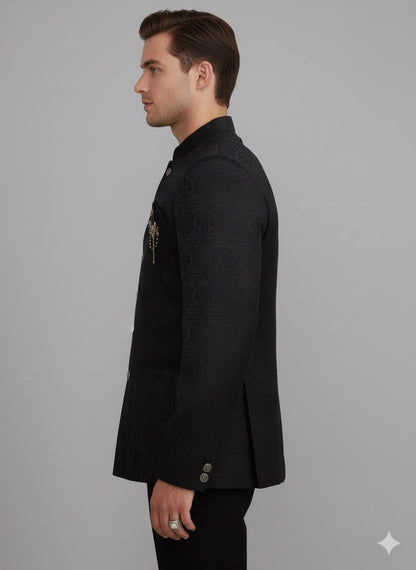 Men’s Black Silk Blend Bandhgala Jacket | Indo-Western Jodhpuri Wedding Coat