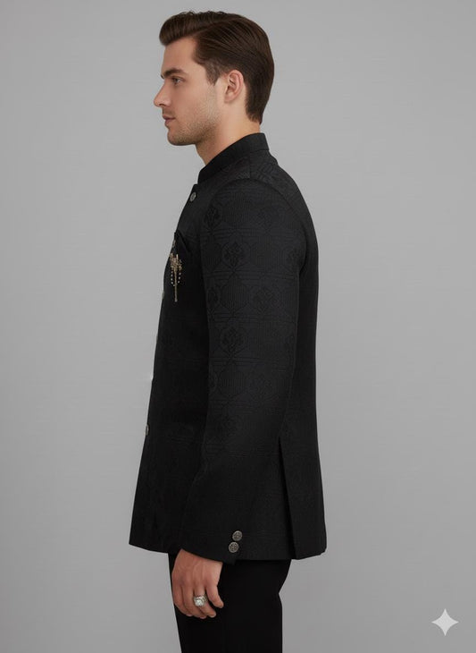Men’s Black Silk Blend Bandhgala Jacket | Indo-Western Jodhpuri Wedding Coat