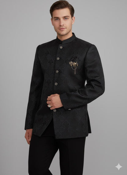 Men’s Black Silk Blend Bandhgala Jacket | Indo-Western Jodhpuri Wedding Coat