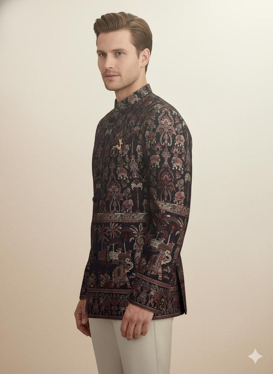 Men’s Elephant Motif Bandhgala Jacket | Silk Blend Brocade Indo-Western Wedding Coat.