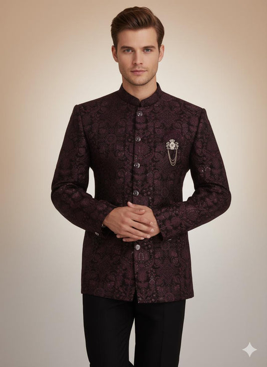 Men’s Plum Brocade Bandh gala Coat | Indian Wedding Sherwani Jacket | Jodhpuri Groom Outfit.