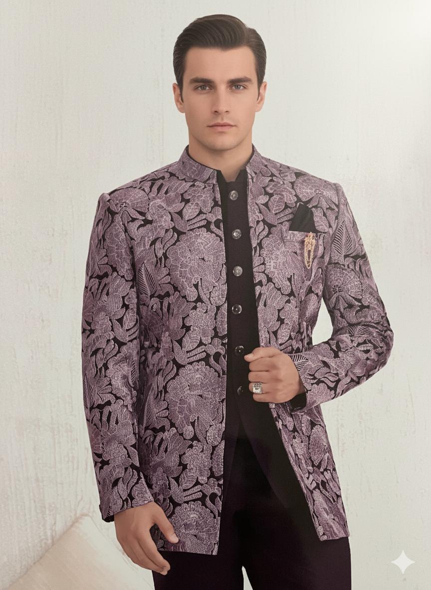 Men’s Lavender Floral Bandhgala Jacket | Silk Blend Jacquard Jodhpuri Wedding Coat.