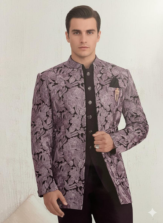 Men’s Lavender Floral Bandhgala Jacket | Silk Blend Jacquard Jodhpuri Wedding Coat.
