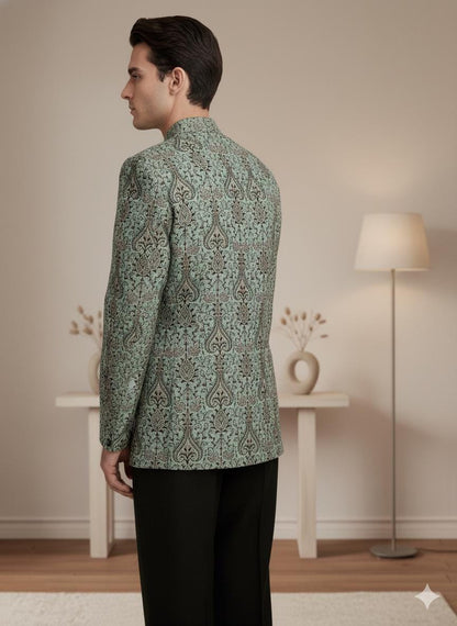 Men’s Sage Green Bandhgala Jacket | Silk Blend Jacquard Jodhpuri Wedding Coat