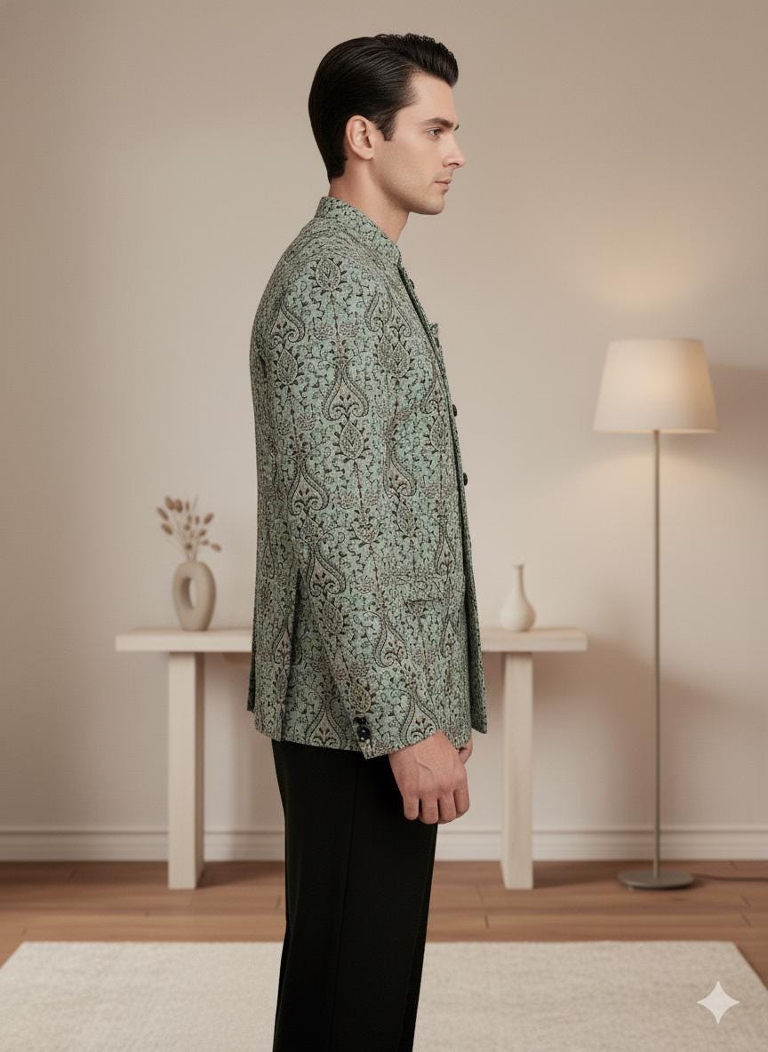 Men’s Sage Green Bandhgala Jacket | Silk Blend Jacquard Jodhpuri Wedding Coat