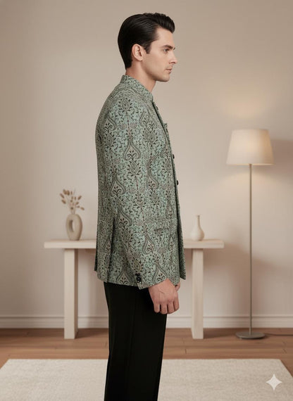 Men’s Sage Green Bandhgala Jacket | Silk Blend Jacquard Jodhpuri Wedding Coat