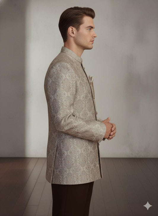 Men’s Beige Brocade Bandhgala Jacket | Silk Blend Jodhpuri Wedding Coat | Nehru Collar