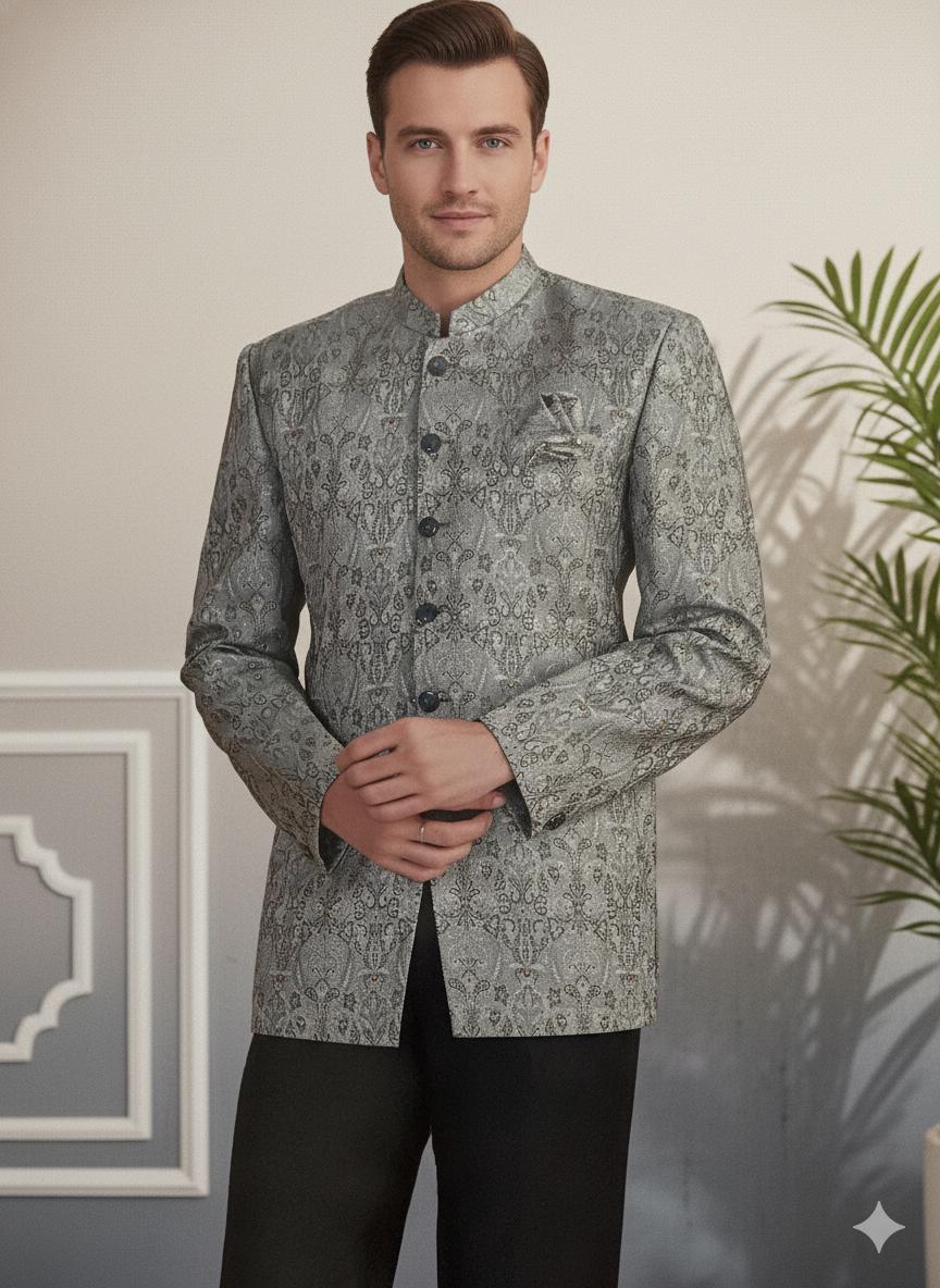 Men’s Silver Grey Bandhgala Coat | Silk Blend Jacquard Nehru Jacket | Wedding Groom Outfit.