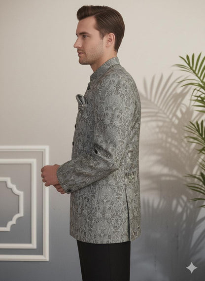 Men’s Silver Grey Bandhgala Coat | Silk Blend Jacquard Nehru Jacket | Wedding Groom Outfit.