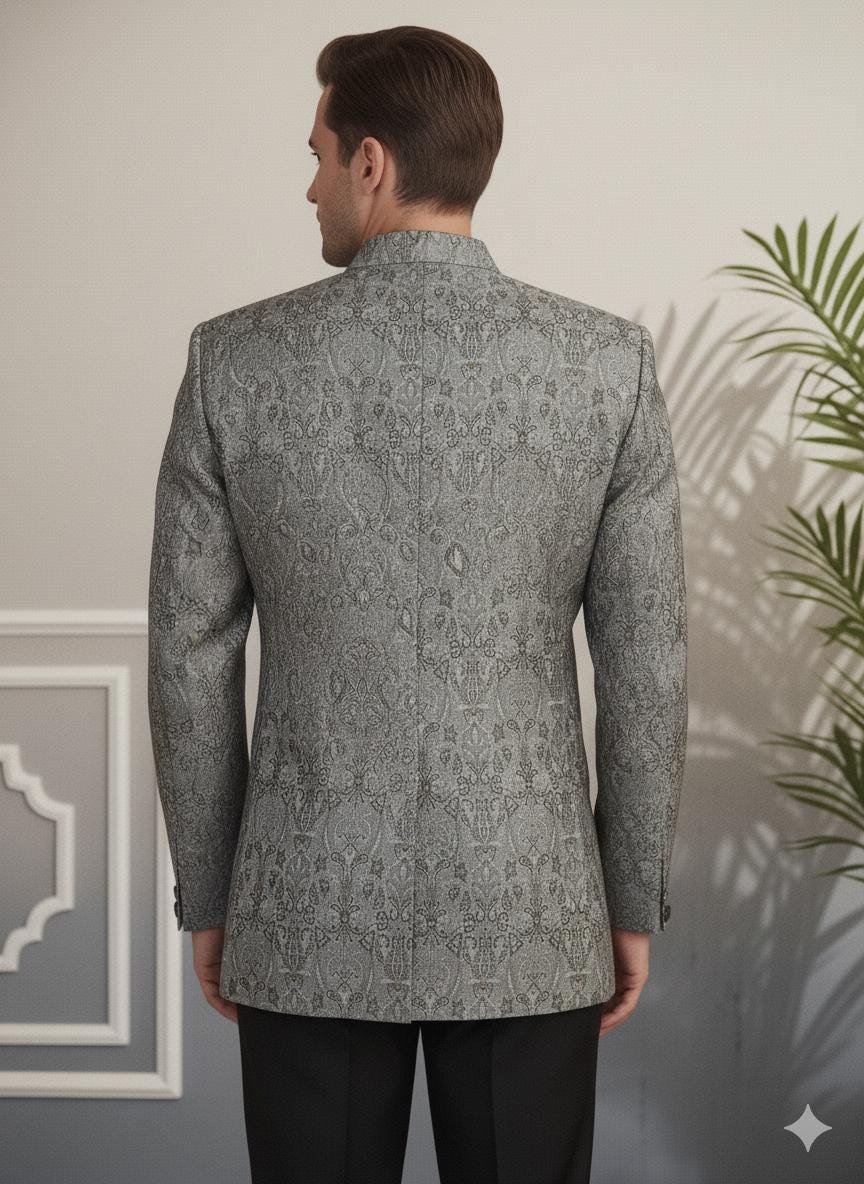 Men’s Silver Grey Bandhgala Coat | Silk Blend Jacquard Nehru Jacket | Wedding Groom Outfit.
