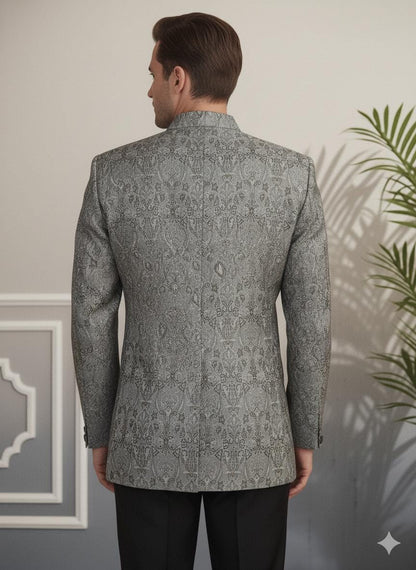 Men’s Silver Grey Bandhgala Coat | Silk Blend Jacquard Nehru Jacket | Wedding Groom Outfit.