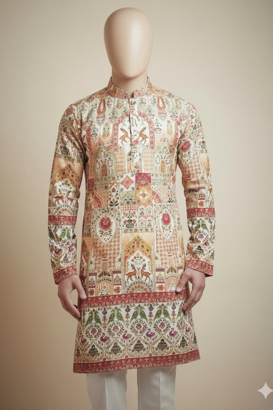 Handcrafted Floral Print Kurta Pajama Set: Indian Ethnic Menswear