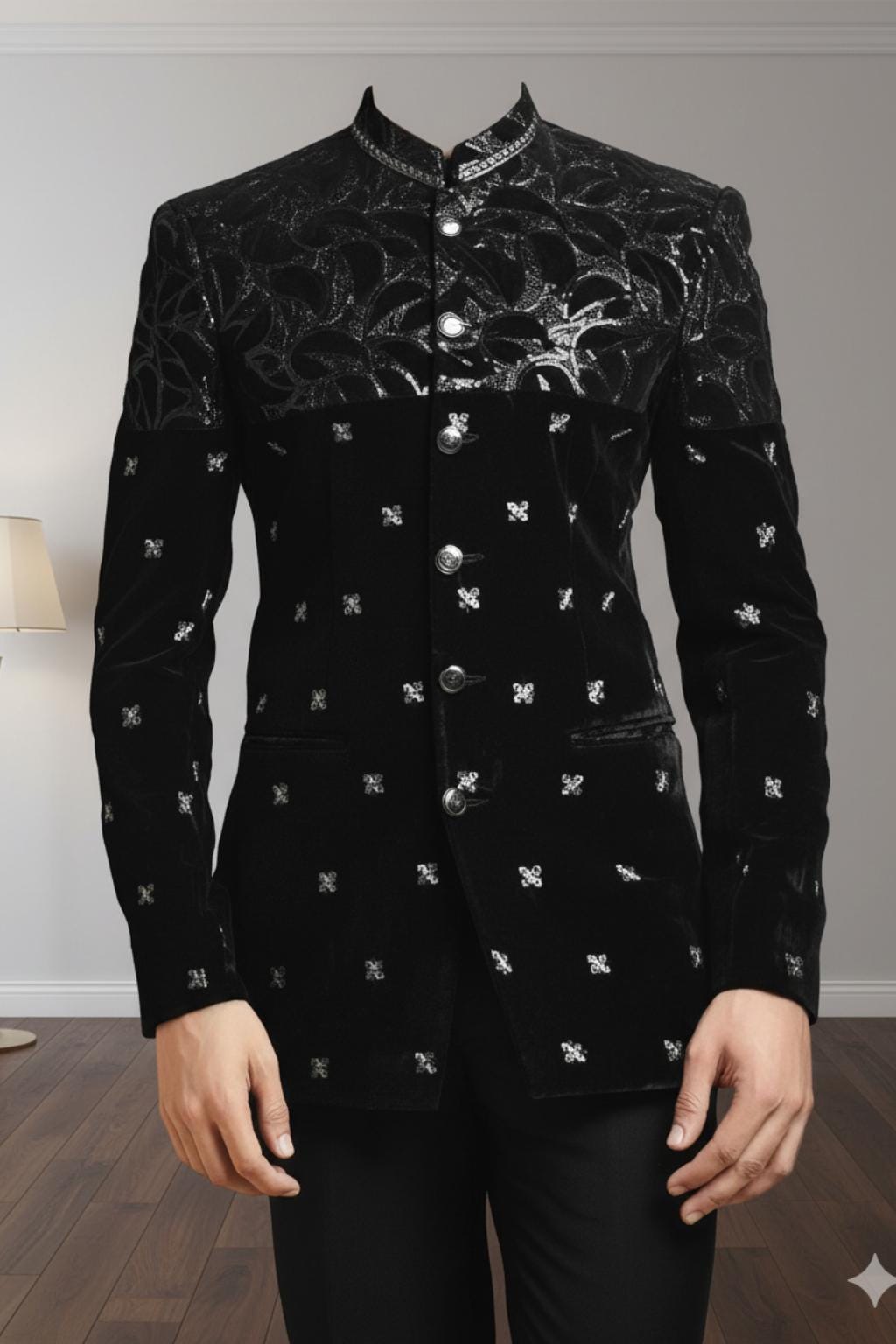 Luxury Embroidered Velvet Bandhgala Jacket: Indo-Western Wedding Coat