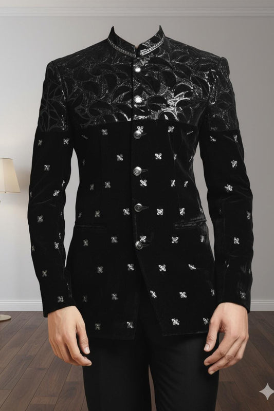 Luxury Embroidered Velvet Bandhgala Jacket: Indo-Western Wedding Coat