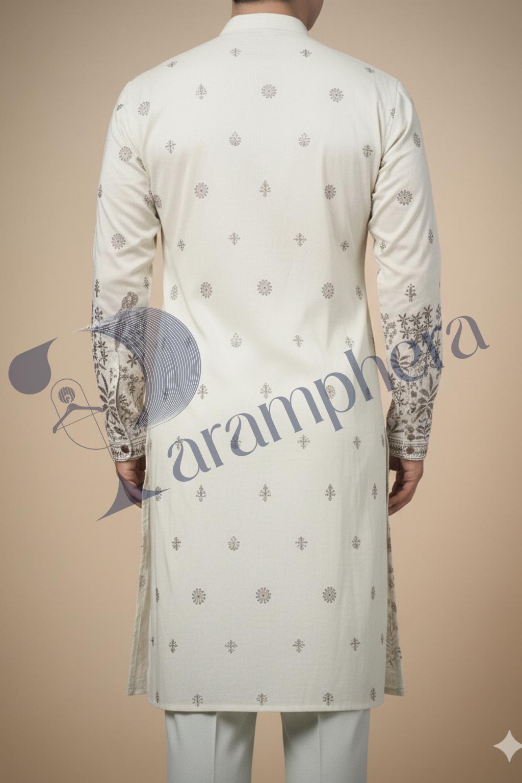 Embroidered Kurta Pajama Set: White Indian Wedding Outfit