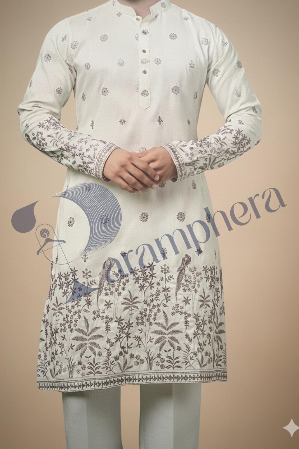 Embroidered Kurta Pajama Set: White Indian Wedding Outfit