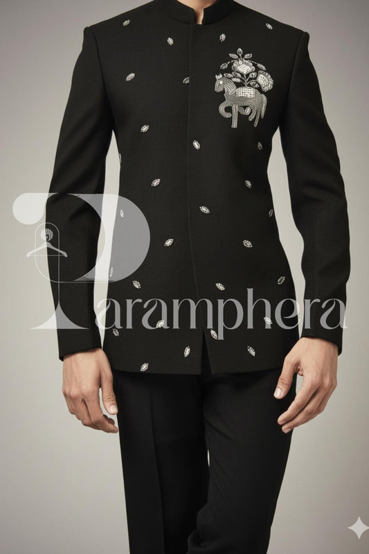 Men's Black Embroidered Bandhgala Jacket Set: Indian Wedding Outfit