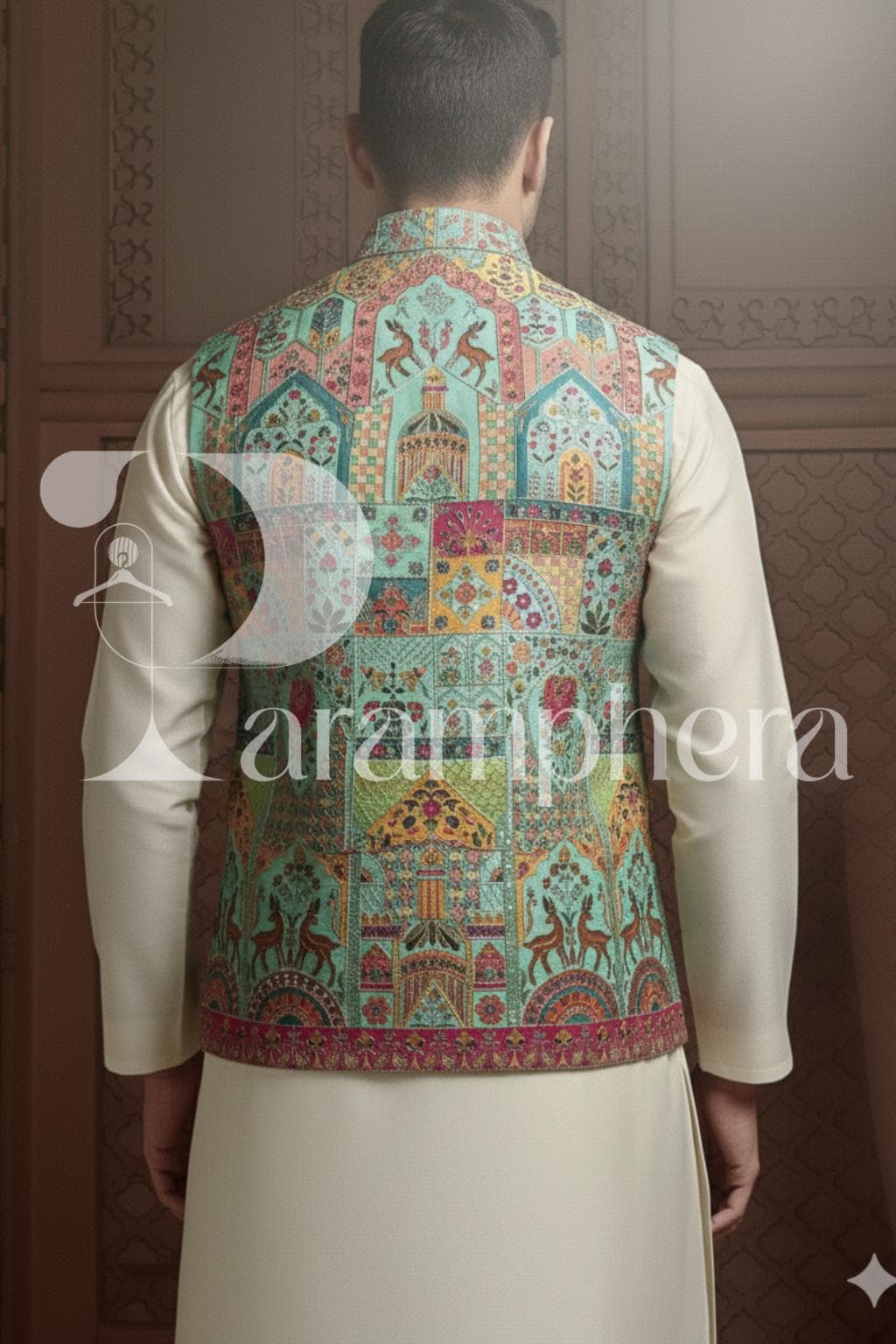 Pastel Printed Nehru Jacket: Bespoke Indian Wedding Waistcoat