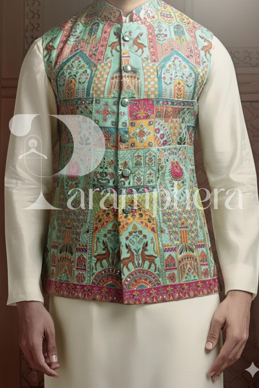Pastel Printed Nehru Jacket: Bespoke Indian Wedding Waistcoat