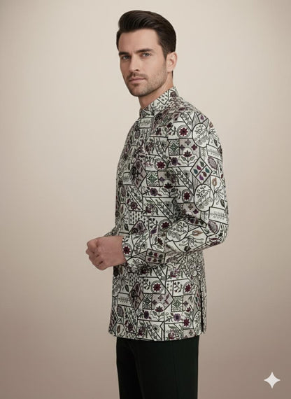 White Printed Bandhgala Jacket for Men | Ivory Jodhpuri Suit for Wedding & Engagement.