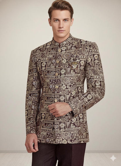 Men’s Gold Brocade Bandhgala Jacket | Indian Wedding Groom Outfit | Jodhpuri Nehru Coat.