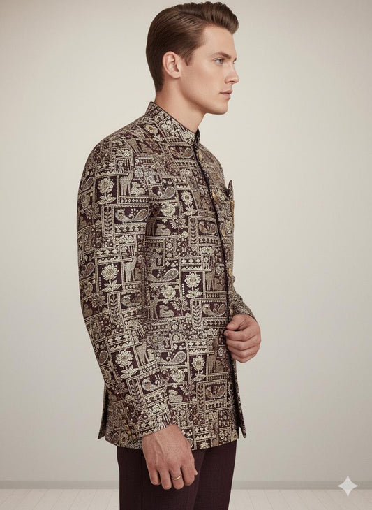 Men’s Gold Brocade Bandhgala Jacket | Indian Wedding Groom Outfit | Jodhpuri Nehru Coat.