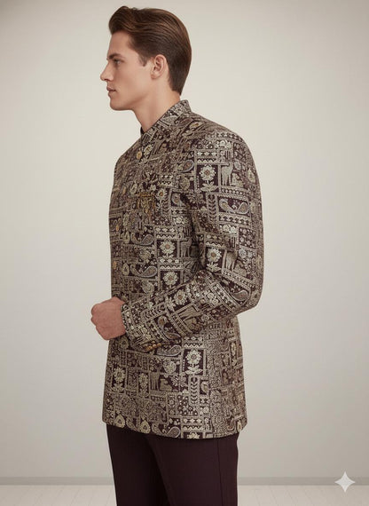 Men’s Gold Brocade Bandhgala Jacket | Indian Wedding Groom Outfit | Jodhpuri Nehru Coat.