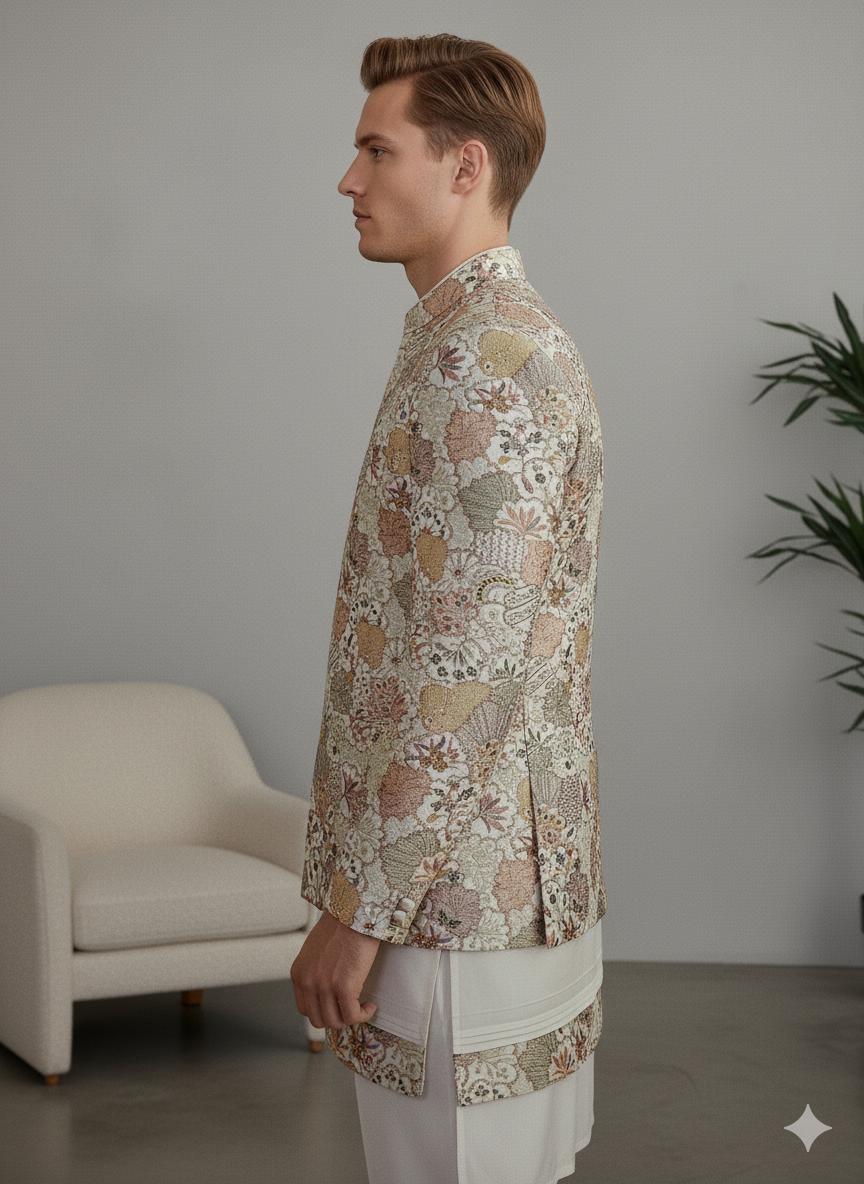 Ivory Silk Jacquard Bandhgala Jacket | Indian Wedding Nehru Coat for Groom.