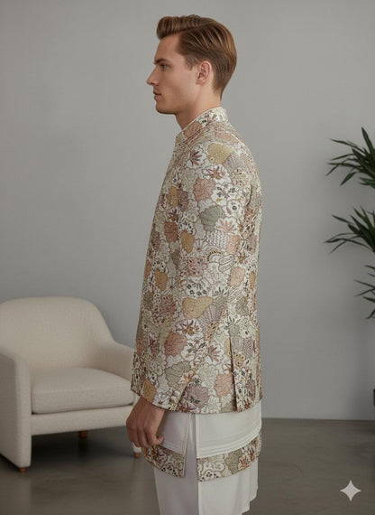 Ivory Silk Jacquard Bandhgala Jacket | Indian Wedding Nehru Coat for Groom.
