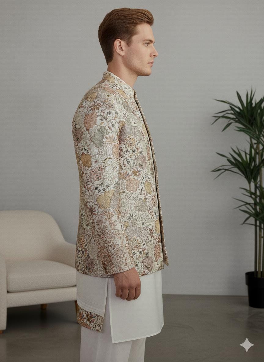 Ivory Silk Jacquard Bandhgala Jacket | Indian Wedding Nehru Coat for Groom.